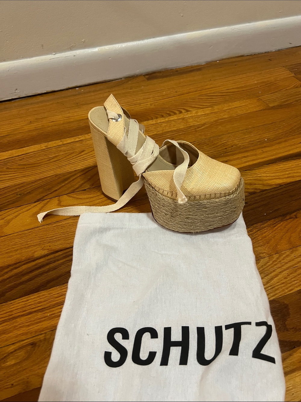 SCHUTZ Cream Espadrille Platform Mule with Wrap Ties